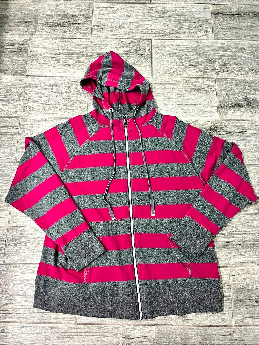 Lane Bryant Striped Hooded Jacket Pink & Gray Size Medium Like New
